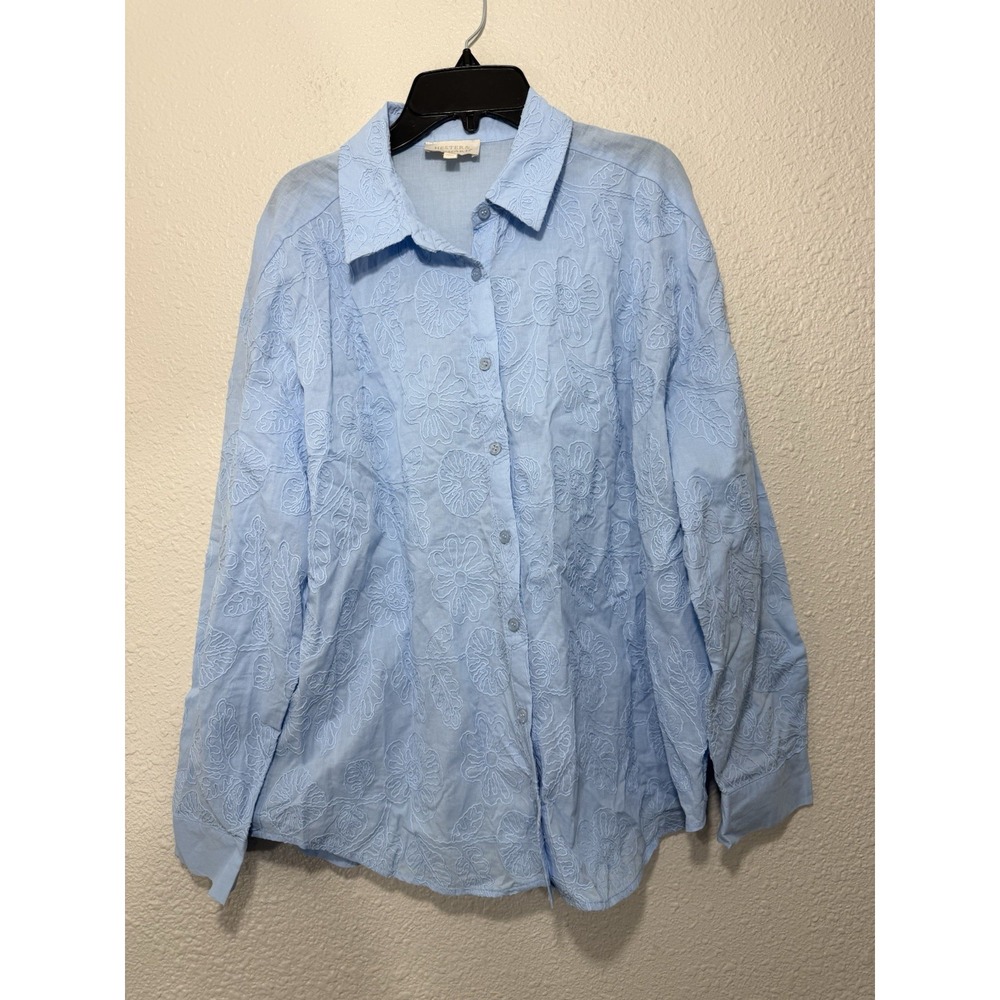 hester orchard shirt M Cotton button down floral blue Boho Beach Classic Fall - Picture 2 of 8